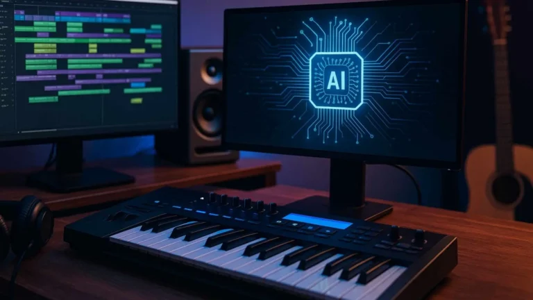 Una mano humana interactúa con una interfaz digital de producción musical iluminada, con gráficos relacionados con inteligencia artificial y sonido.