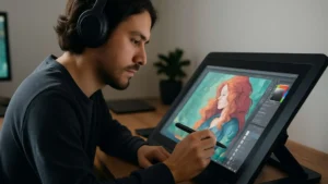 Joven ilustrador digital usando una tableta gráfica para crear una ilustración en Clip Studio Paint, concentrado frente a su pantalla en un entorno moderno.