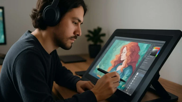 Joven ilustrador digital usando una tableta gráfica para crear una ilustración en Clip Studio Paint, concentrado frente a su pantalla en un entorno moderno.