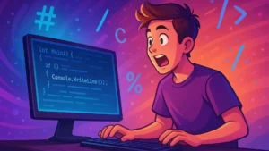 Joven programador sorprendido frente a código en pantalla