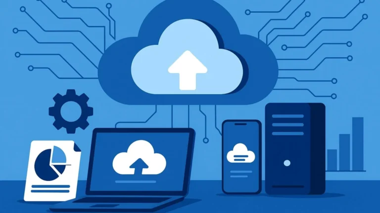 Ilustración digital de servicios en la nube con íconos tecnológicos y fondo azul.