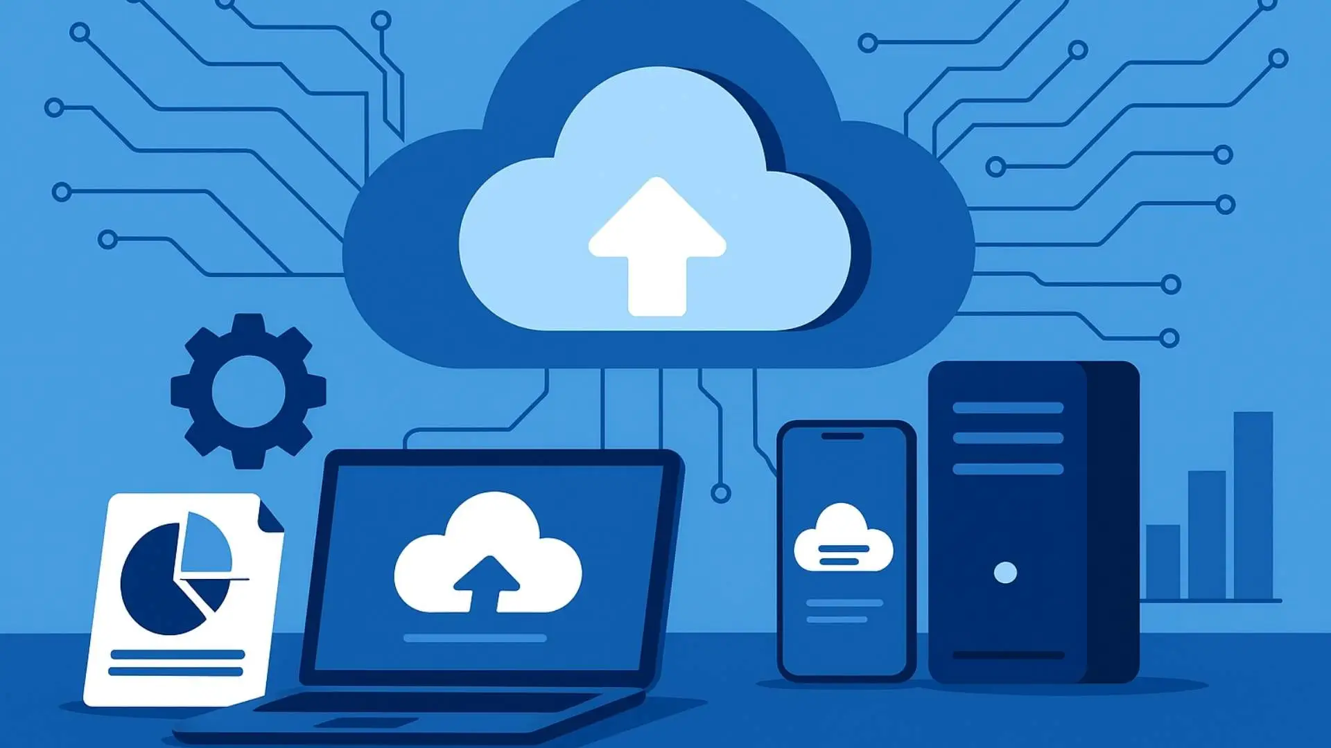 Ilustración digital de servicios en la nube con íconos tecnológicos y fondo azul.
