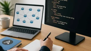 Estación de trabajo organizada con laptop mostrando un diagrama de red, monitor con código YAML de Ansible y persona tomando notas en una libreta.