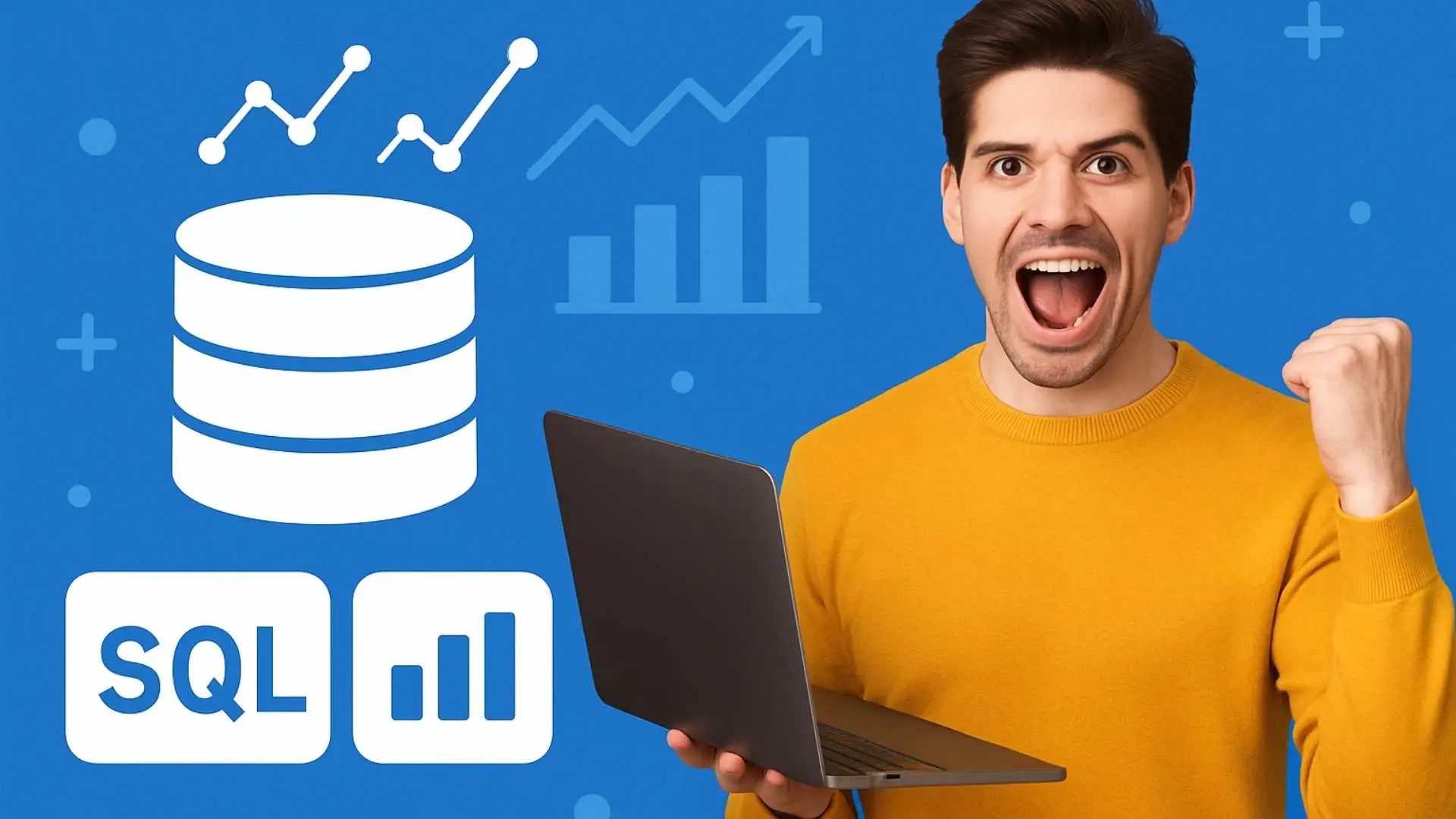 Persona emocionada con laptop junto a íconos de base de datos, gráficos y SQL sobre fondo azul