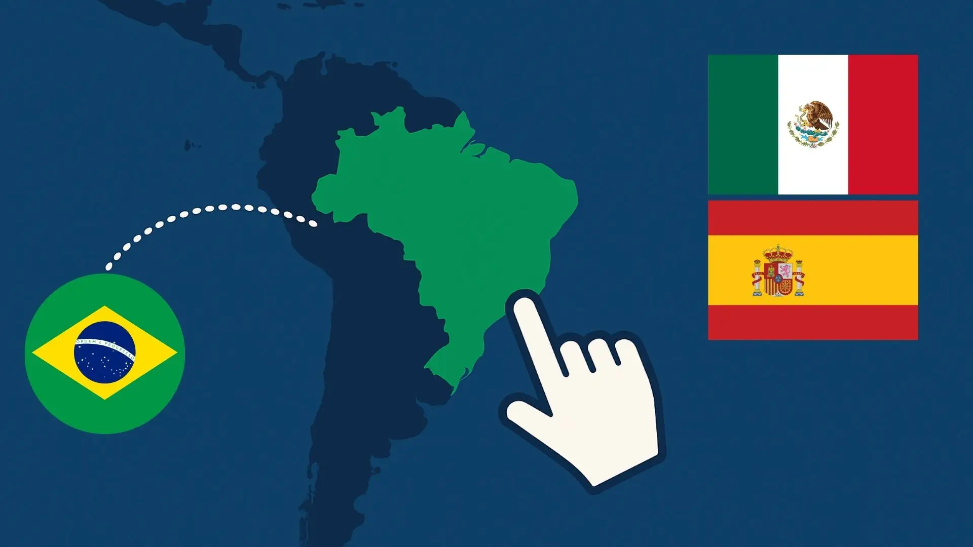 Mapa de Sudamérica con Brasil resaltado y banderas de México y España