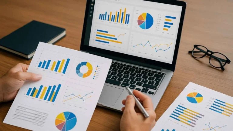 Manos de una persona usando Power BI en una laptop con gráficos en pantalla
