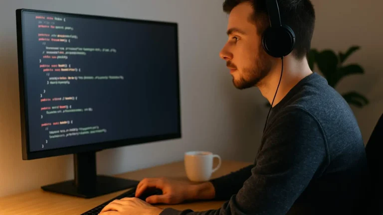Joven programador trabajando frente a un monitor con código Java en pantalla.