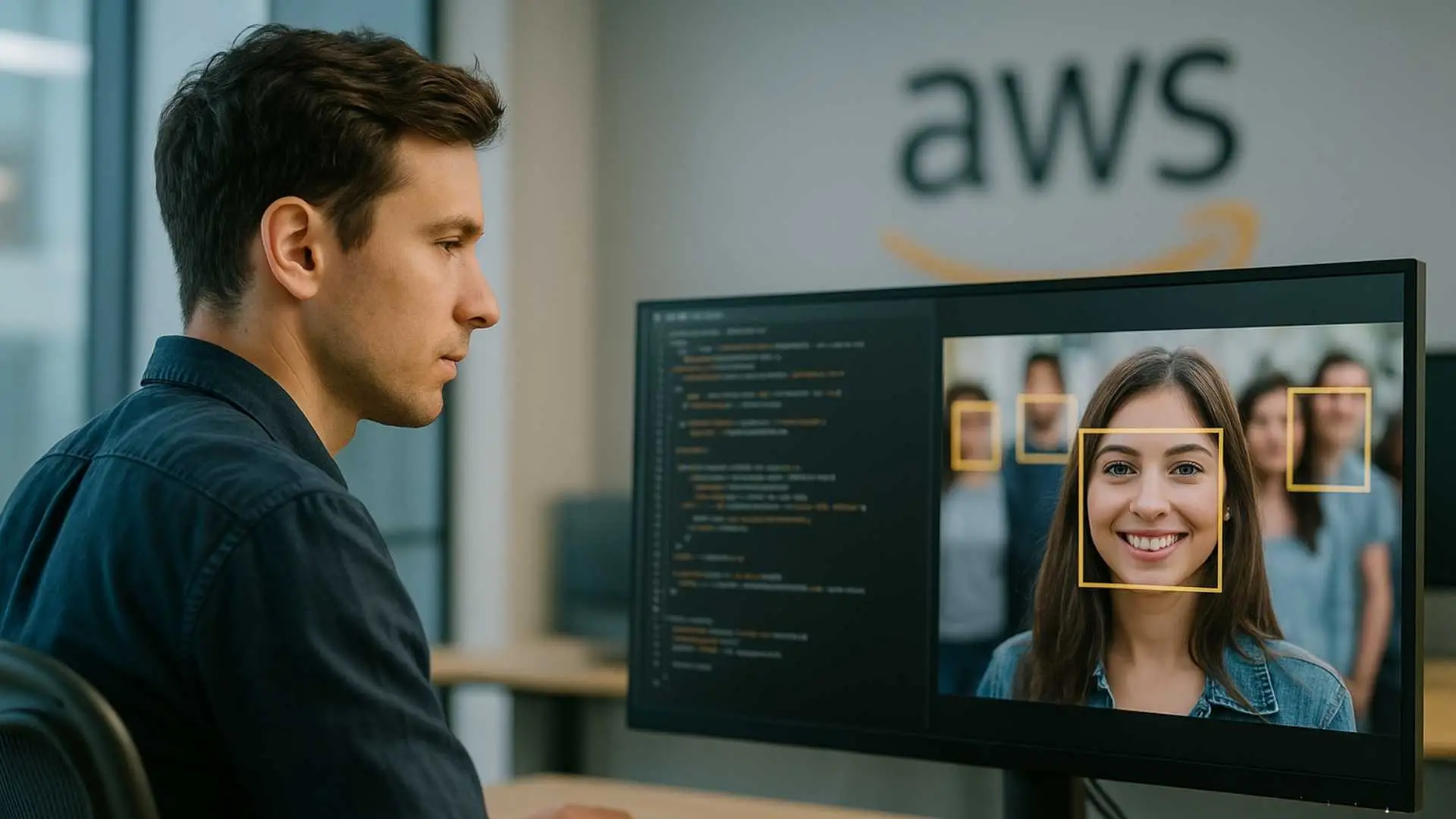 Programador observando análisis de rostros en pantalla con Amazon Rekognition.