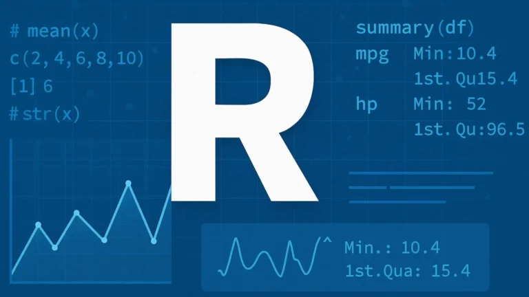 Ilustración digital con elementos gráficos que representan análisis de datos en el lenguaje de programación R.
