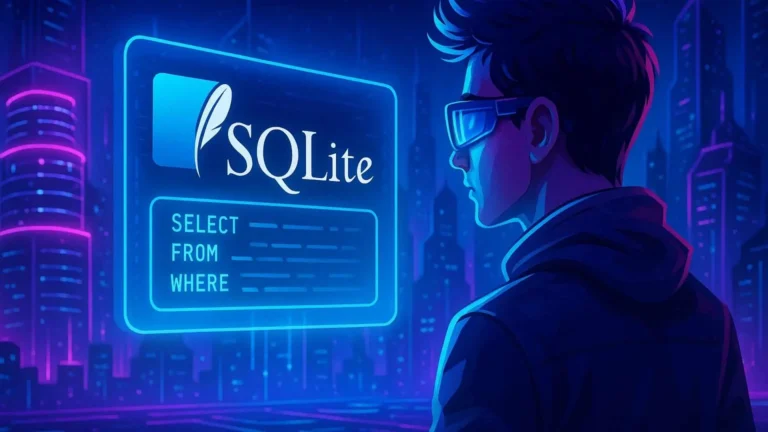 Persona con gafas de realidad aumentada observando una interfaz futurista de SQLite en una ciudad cyberpunk