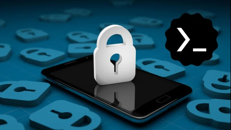 Ícono de candado blanco sobre un celular, con fondo azul y símbolo de terminal de comandos