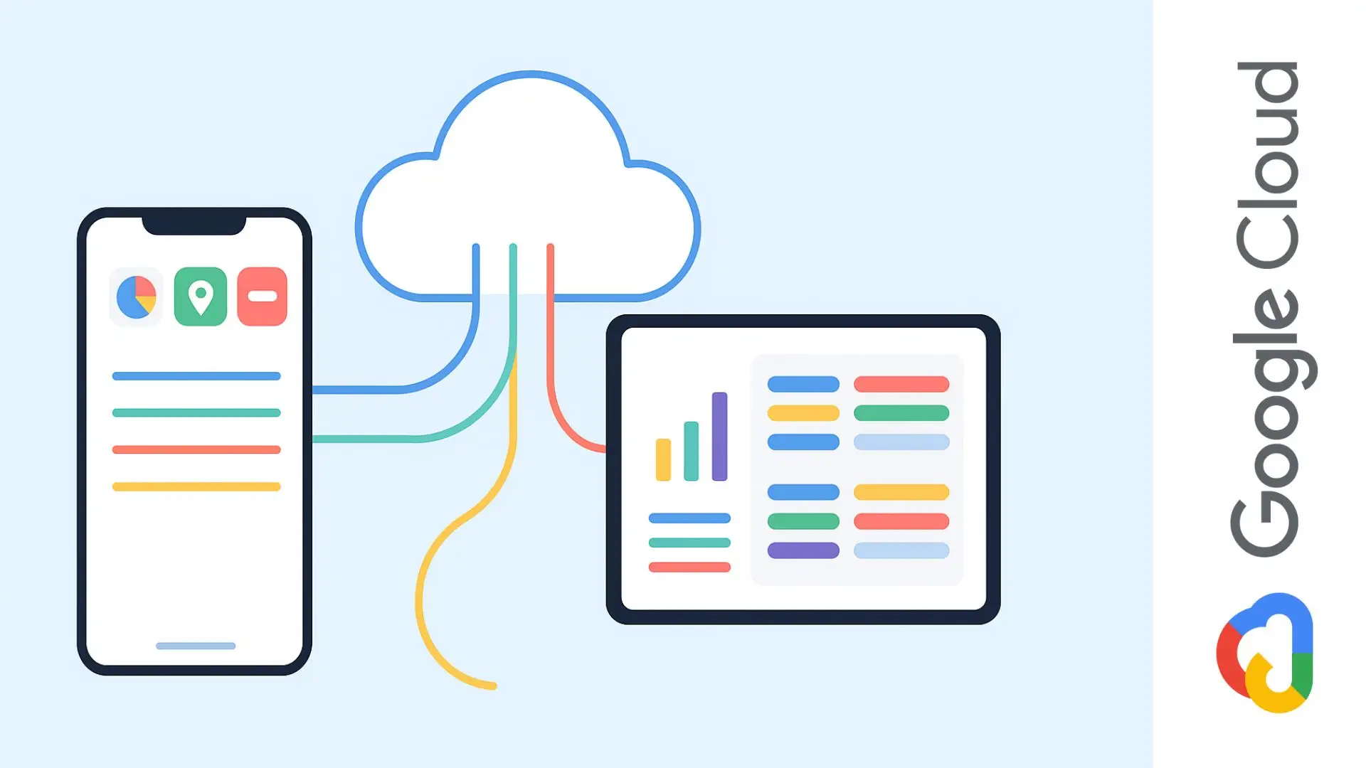Ilustración de un móvil y una tablet conectados a la nube para representar la creación de aplicaciones sin código con AppSheet
