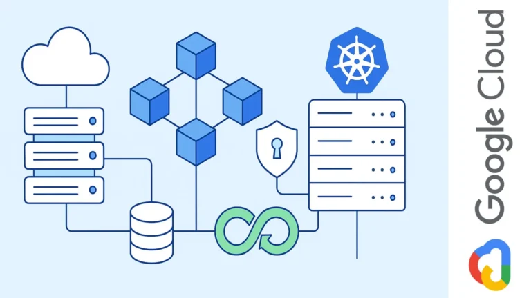 Ilustración isométrica de arquitectura en la nube con Google Kubernetes Engine, seguridad, almacenamiento y CI/CD conectados