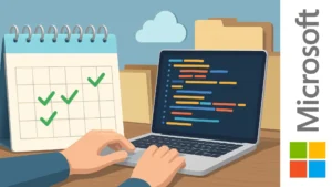 Laptop con líneas de código simuladas y calendario con tareas completadas, representando automatización con Python