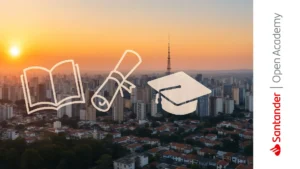 Vista aérea de São Paulo al atardecer con íconos académicos que representan la Beca Santander REALCUP 2025