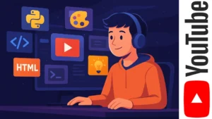 Joven autodidacta aprendiendo programación en YouTube con miniaturas flotantes de HTML, Python y desarrollo web