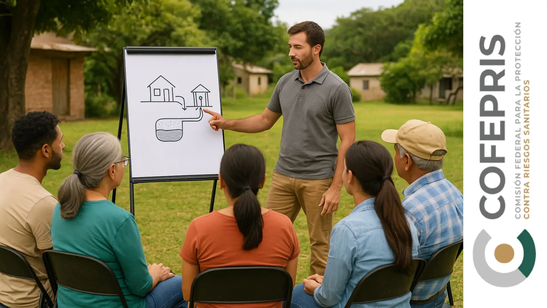 Personas adultas recibiendo capacitación comunitaria sobre saneamiento en un entorno rural al aire libre