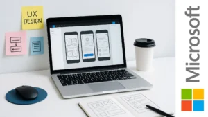 Espacio de trabajo moderno con laptop mostrando wireframes en Figma, notas adhesivas de diseño y cuaderno con bocetos UX