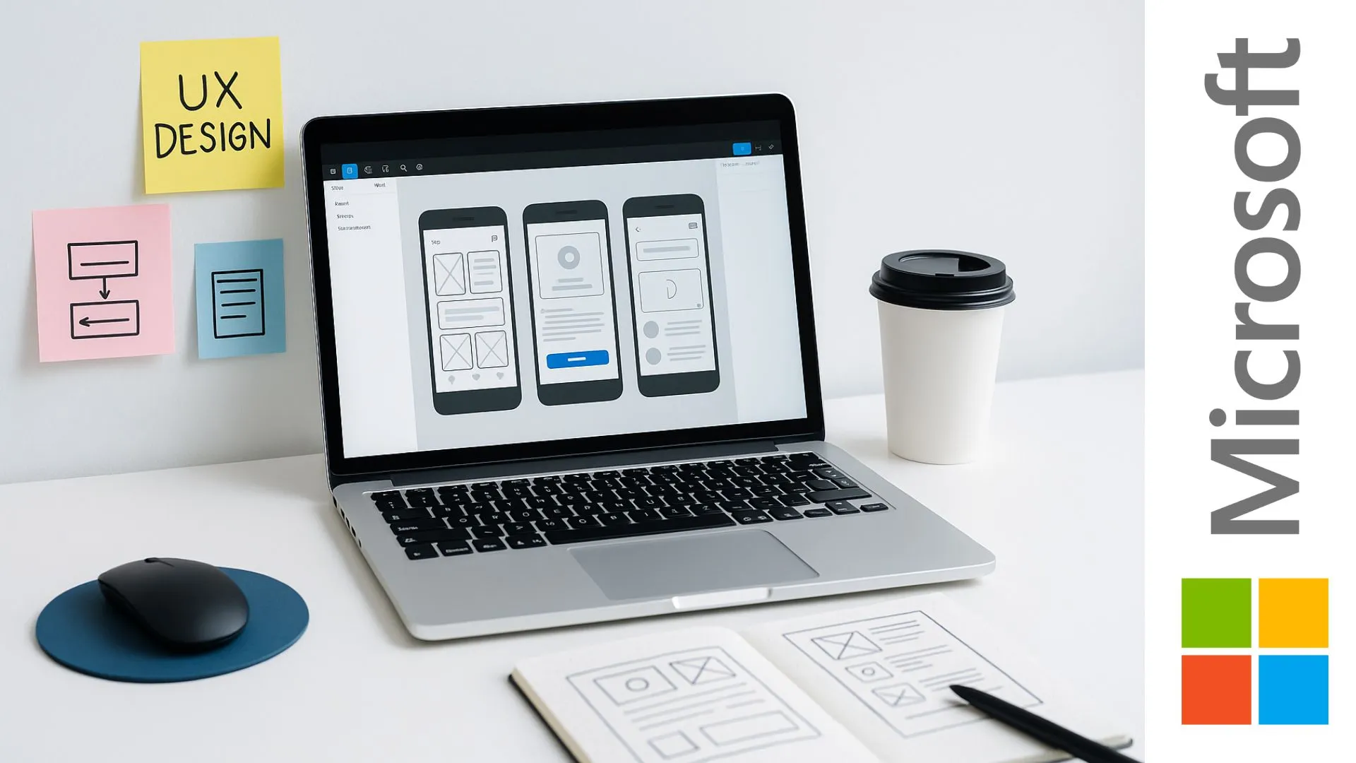 Espacio de trabajo moderno con laptop mostrando wireframes en Figma, notas adhesivas de diseño y cuaderno con bocetos UX