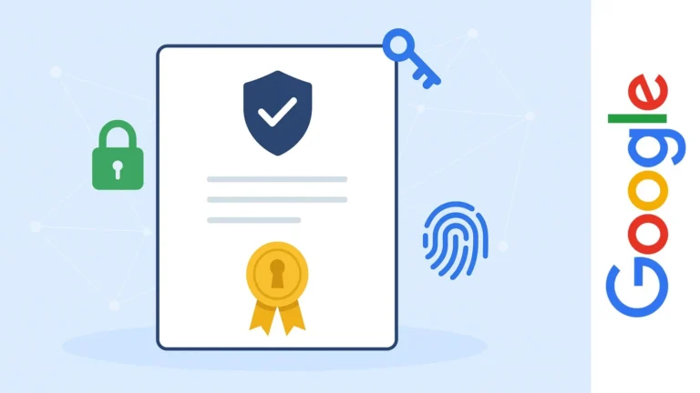 Ilustración de un certificado profesional de ciberseguridad con iconos de candado, llave y huella digital