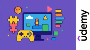 Ilustración digital de un monitor con videojuego simple y elementos coloridos que representan programación en Scratch