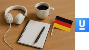 Mesa de estudio con cuaderno, auriculares, taza de café y bandera de Alemania