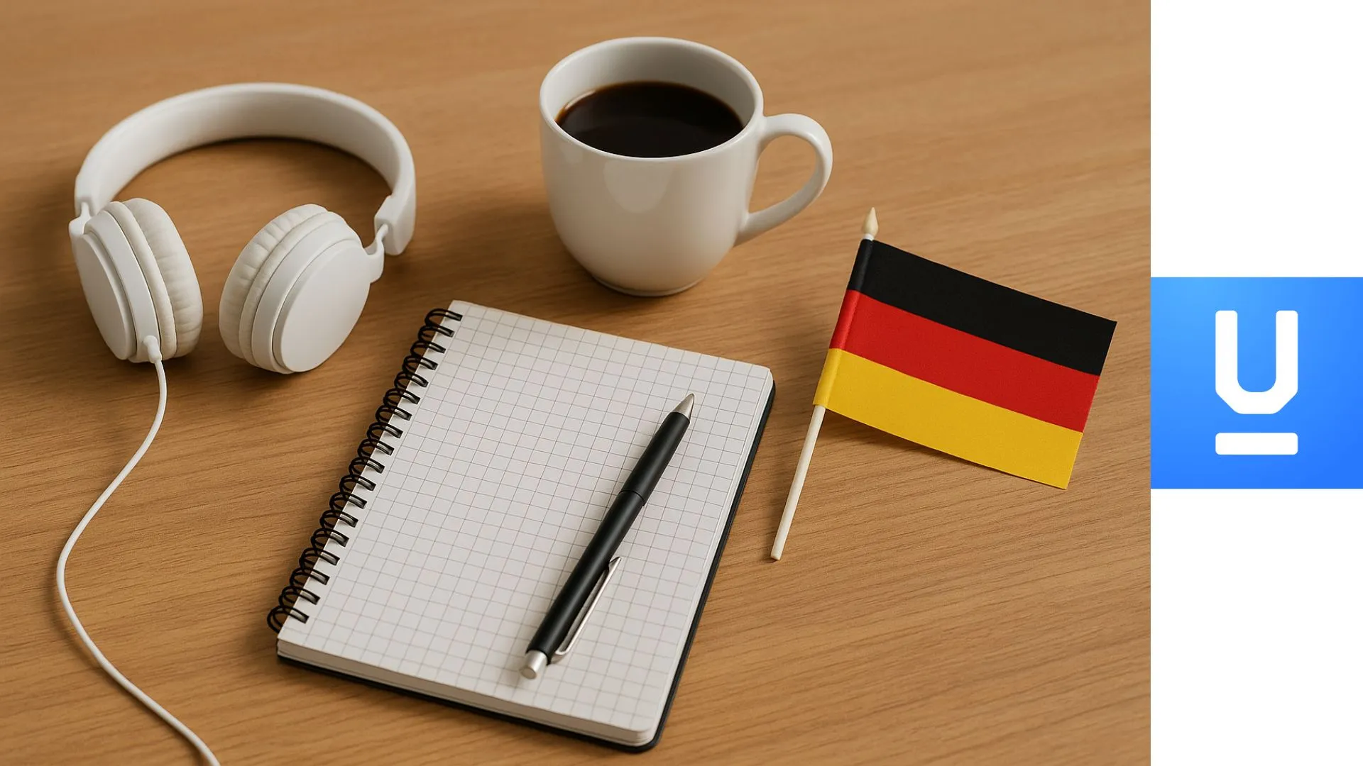 Mesa de estudio con cuaderno, auriculares, taza de café y bandera de Alemania