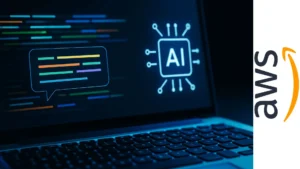 Laptop con teclado iluminado mostrando líneas de colores que representan prompts y un ícono de inteligencia artificial en pantalla