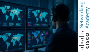 Analista de ciberseguridad monitoreando mapas de ataques en varias pantallas en un centro de control