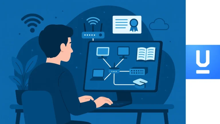 Estudiante aprendiendo redes en línea con Cisco Packet Tracer en un curso gratuito de Edutin Academy