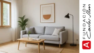 Sala minimalista con sofá gris, mesa de madera y planta decorativa como ejemplo de diseño de interiores moderno