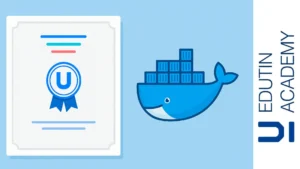 Certificado digital junto al logo de Docker representando el curso gratis con certificación internacional de Edutin Academy