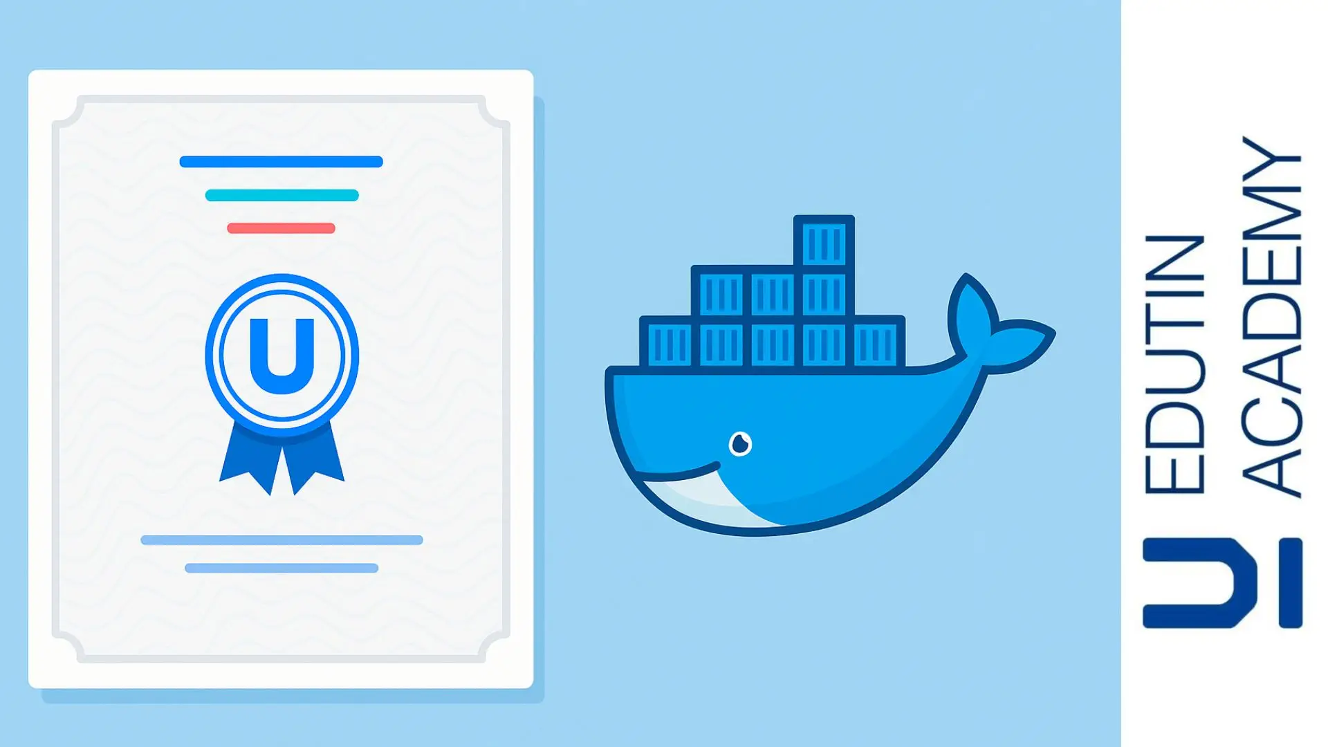 Certificado digital junto al logo de Docker representando el curso gratis con certificación internacional de Edutin Academy