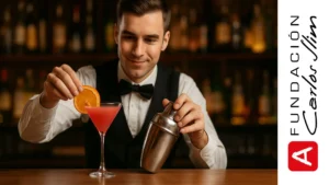 Bartender preparando un cóctel en la barra con coctelera y copa decorada con naranja