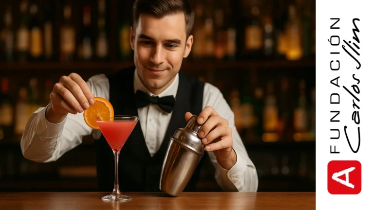 Bartender preparando un cóctel en la barra con coctelera y copa decorada con naranja