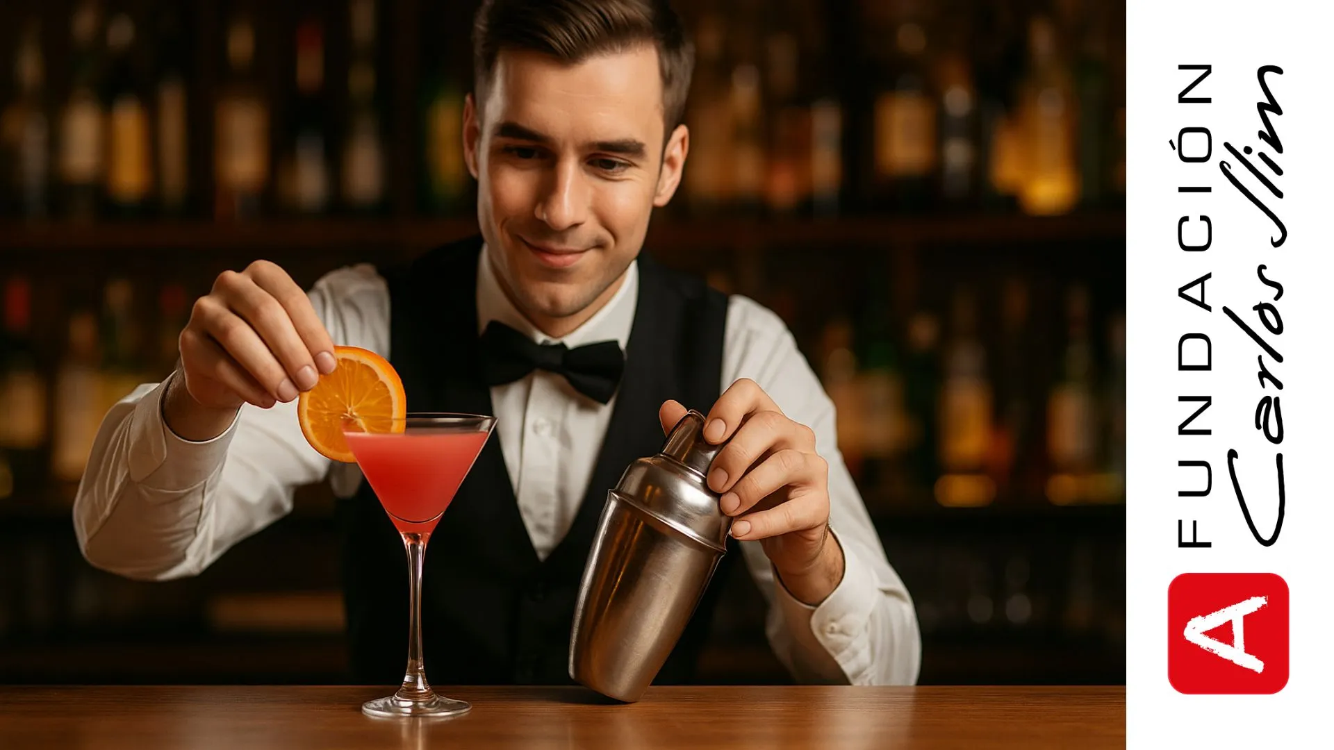 Bartender preparando un cóctel en la barra con coctelera y copa decorada con naranja