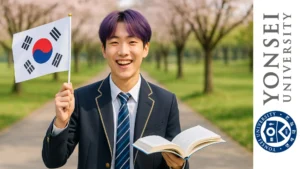 Estudiante coreano sonriente con cabello morado sosteniendo la bandera de Corea del Sur y un libro, representando el curso gratis de Yonsei University
