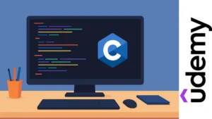Ilustración de un escritorio con monitor mostrando código y el logo de C, representando ejercicios en lenguaje C