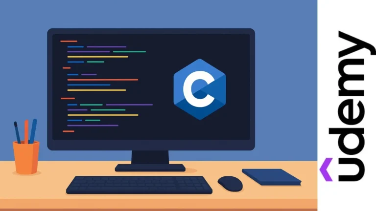 Ilustración de un escritorio con monitor mostrando código y el logo de C, representando ejercicios en lenguaje C