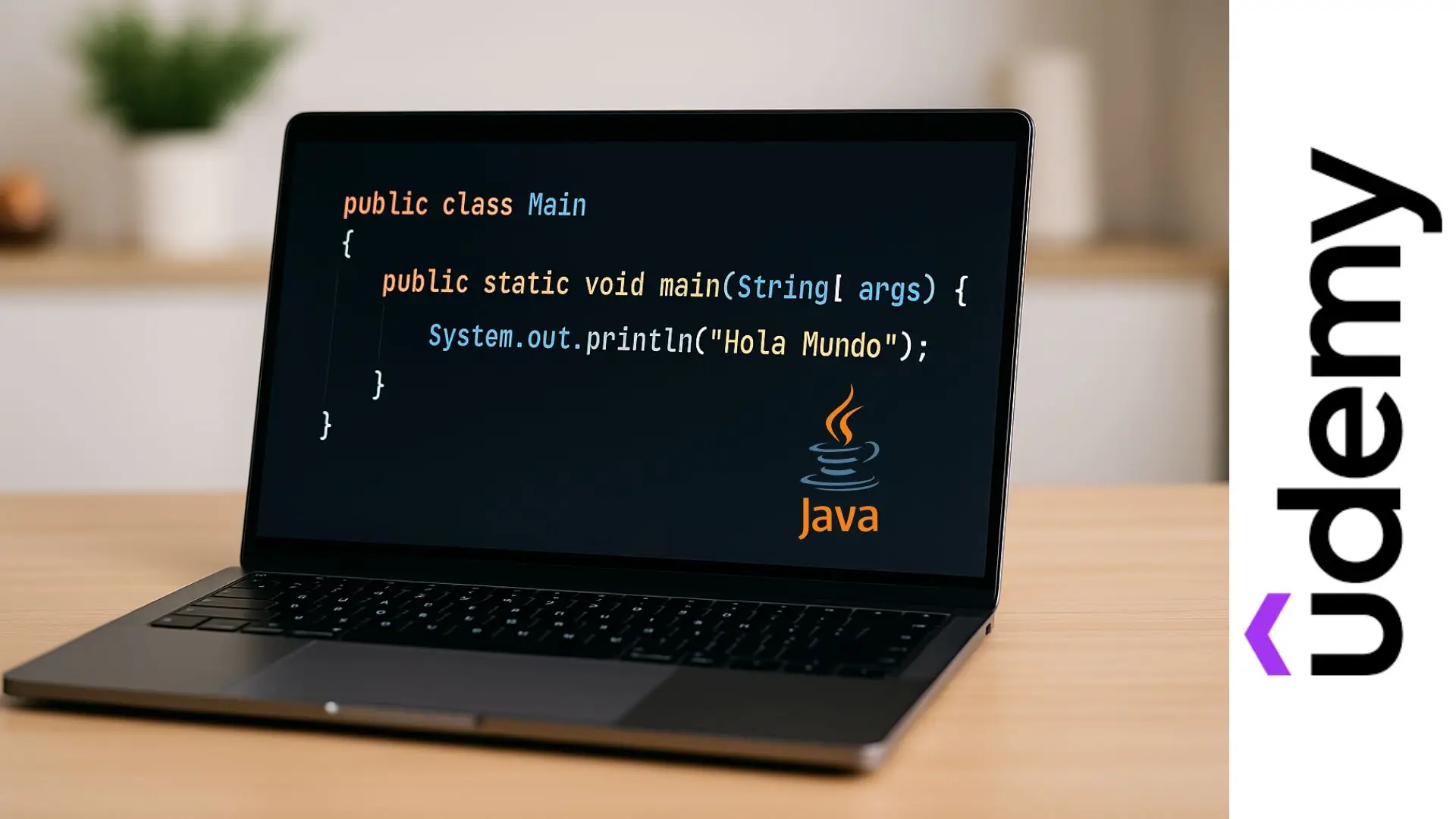 Laptop mostrando código en Java con el clásico programa Hola Mundo en pantalla