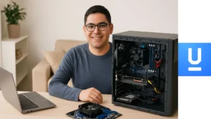 Estudiante aprendiendo mantenimiento de computadoras mientras trabaja en una PC de escritorio abierta en su hogar