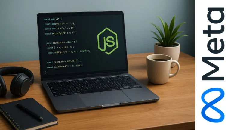 Laptop con código JavaScript en pantalla junto a café, cuaderno y auriculares en un escritorio de estudio