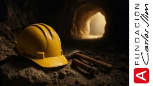 Casco amarillo de minero con herramientas en un túnel iluminado al fondo, imagen representativa del curso Técnico Minero