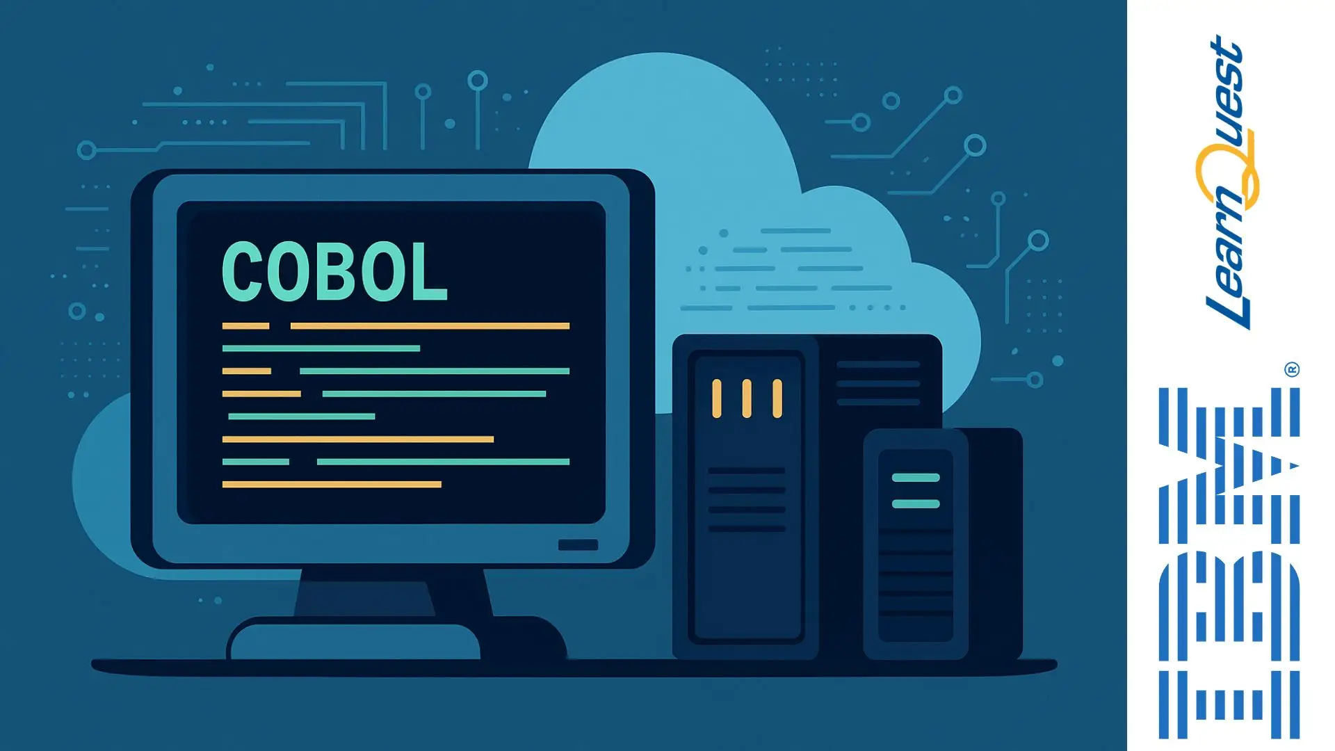 Ilustración digital de COBOL en un monitor con servidores IBM y nube tecnológica en estilo moderno