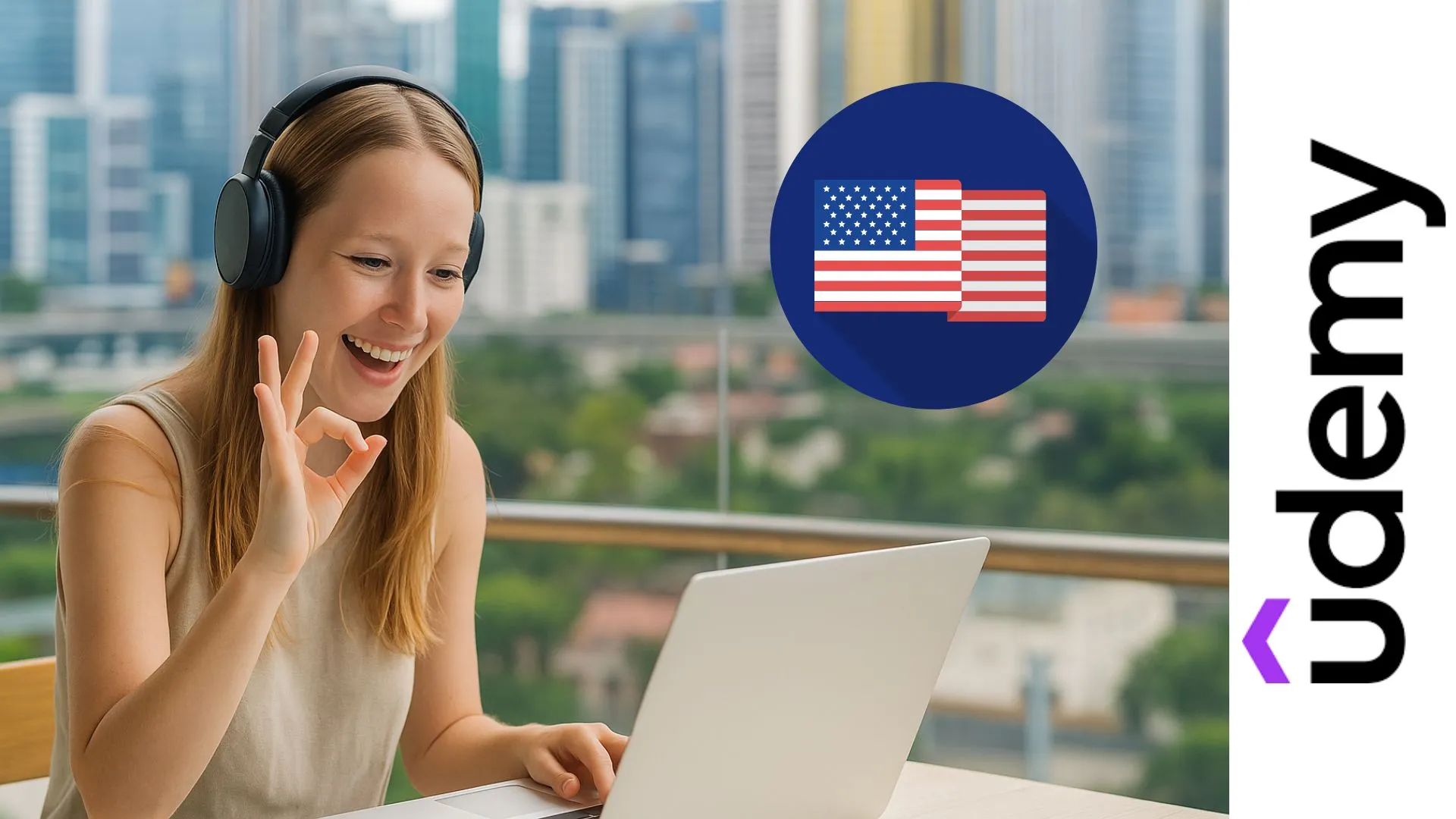 Mujer joven tomando un curso de escritura formal en inglés desde su laptop en un balcón con vista urbana