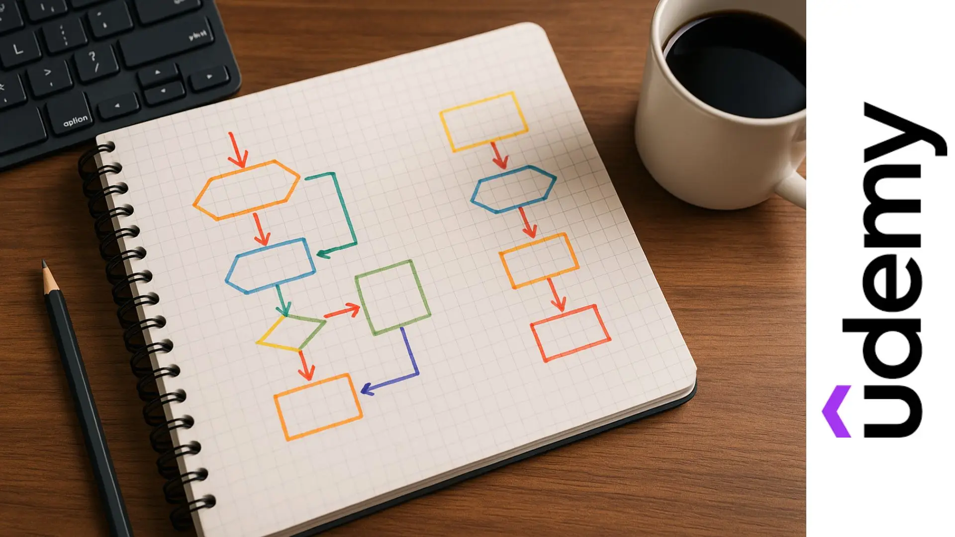 Cuaderno con diagramas de flujo dibujados a mano junto a teclado y taza de café, representando lógica de programación con pseudocódigo
