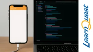 iPhone conectado a una MacBook mostrando líneas de código en Xcode para desarrollo de aplicaciones iOS con Swift 5