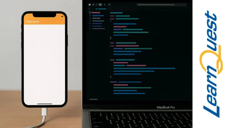 iPhone conectado a una MacBook mostrando líneas de código en Xcode para desarrollo de aplicaciones iOS con Swift 5