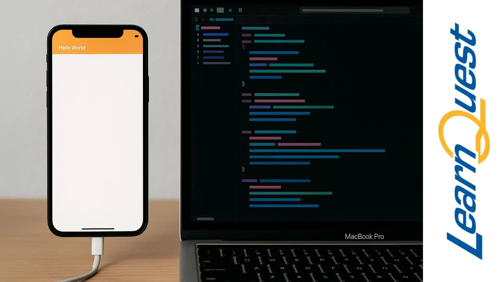 iPhone conectado a una MacBook mostrando líneas de código en Xcode para desarrollo de aplicaciones iOS con Swift 5