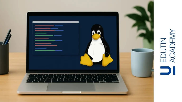 Laptop con terminal de Linux abierta y logo de Tux en pantalla sobre un escritorio minimalista